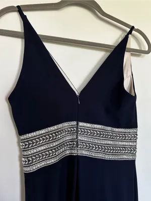 Xscape Navy Blue‎ Rhinestone V Neck Leg Slit Long Maxi Dress Formal Gown Size 4 thumbnail 4