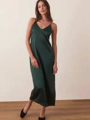 Marine Layer Dark Green Evergreen Satin Slip Midi Dress M thumbnail 2