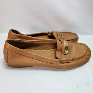 Coach Fredrica Loafers Women 7.5B Tan Leather‎ Gold Logo Driving Moccasins A5175 thumbnail 3