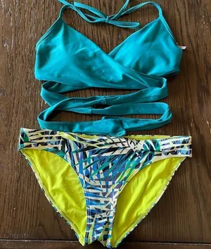 Aerie Teal Lime Green Tie Back Bikini Set, M thumbnail 1