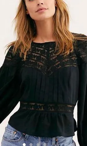 Free People Sweet Mornings Black Lace Blouse Top Size XS thumbnail 1