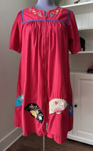 Vtg Go Softly Patio Dress XL Red Embroidered Muumuu Hippie Chic Boho Oriental thumbnail 1