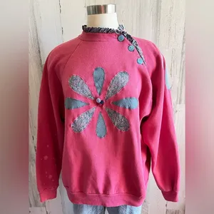 Vintage Floral Appliqué Cottagecore DIY Grunge Sweatshirt XL‎ Hanes Her Way thumbnail 7