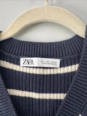 Zara Navy and Cream Striped Knit Vest Size Large Summer Travel Business Casual thumbnail 2