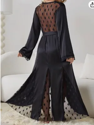 Women’s Size Medium Satin Kimono Robe Black Heart Lace Mesh Trim Dressing Gown thumbnail 1
