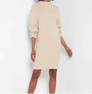 NWT Express Creamy Beige Ribbed Sweater Dress Mock Neck Women’s XS thumbnail 2