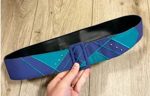 Vintage 80s Wide Waist Belt Purple Teal Geometric Embroidered Studded Size 16 thumbnail 1