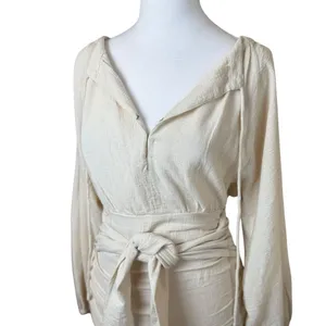 Free People Mini Dress XS Cream Gauzy‎ Boho Peasant Ruched Buttons Neutral NWT thumbnail 6