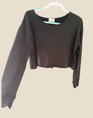 OFFLINE by Aerie Women Black Cropped Long Sleeve Ribbed Side Panel Top Small thumbnail 1