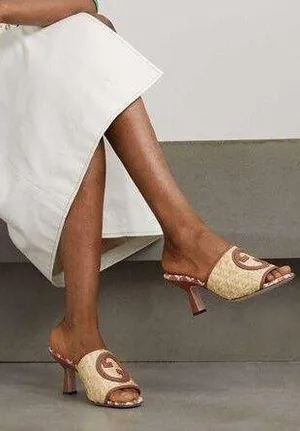 GUCCI Mabel Leather-trimmed Raffia Mules in Beige Size 8.5US / 38.5EU thumbnail 1