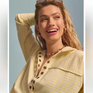 Pilcro Anthropologie Spliced Henley Top Ivory / Oxalis Tint, size L thumbnail 3