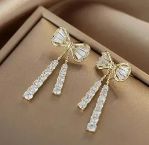 Crystal Bow Silver Earrings- Gift Wrap, Present, Cute Women's Jewelry, Christmas thumbnail 1