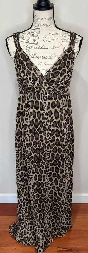 Y2K Arden B Leopard Print Silk Maxi‎ Dress Sz 6 Brown Tan Green Gold thumbnail 1