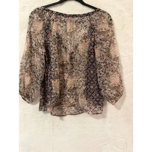 American Eagle Floral Peasant Blouse Small Navy Peach Sheer V-Neck Boho Top 5112 thumbnail 8