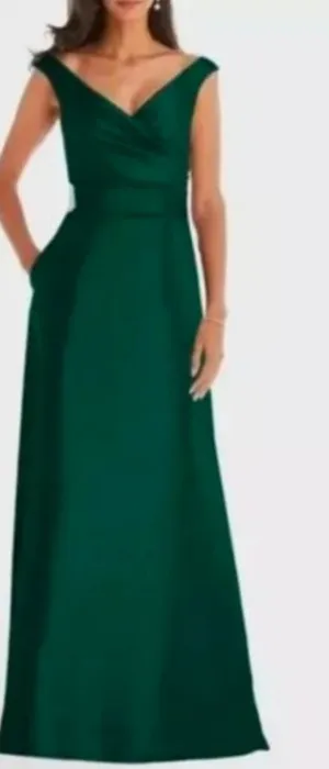 New! Alfred Sung D811S Hunter Green Off Shoulder Draped‎ Wrap Satin Maxi Dress 4 thumbnail 1