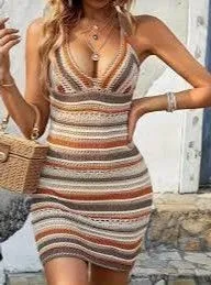 Cotton On Twiggy Knit Halter Multi Color Striped Crochet Sweater Mini Dress M thumbnail 1