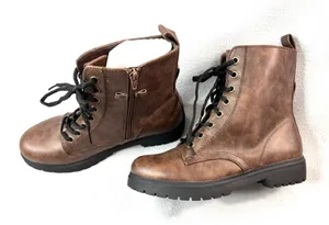SO 8 BOWFIN Lug Sole Chunky Brown Lace Front Side Zip Ankle Boots thumbnail 1
