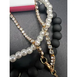 New! Isaac Mizrahi New York 3 Stack Bracelet Set Faux Pearl Beads Gold Chain thumbnail 4
