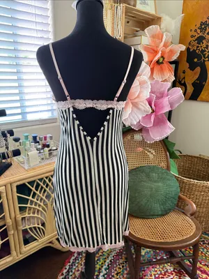 Betsey Johnson Pink & Black Striped Lace Trim Whimsigoth Fairy Mini Slip Dress thumbnail 2