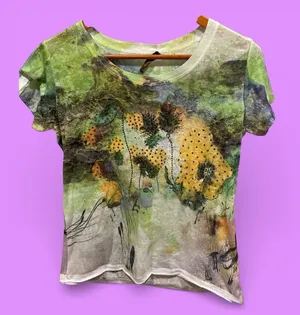 Cute vintage Y2K floral burnout bling top short sleeve mountains wildflower moss thumbnail 2