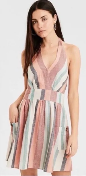 American Eagle Striped Halter Mini Dress Pink‎ Blue V-Neck Smocked Back Womens thumbnail 1