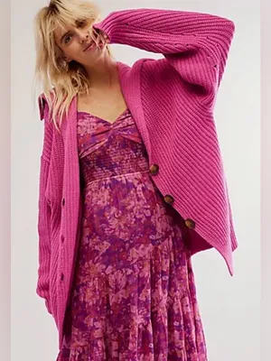 Free People Swim Too Deep Vibrant Fuchsia Ribbed Button Cardigan Size XS thumbnail 1