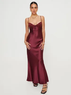 Princess Polly Fadyen Bias Cut Maxi Dress Burgundy Satin Lace Bust XS 2 New NWT thumbnail 4