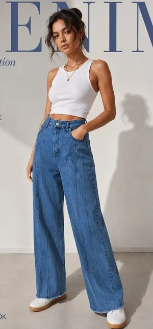NWT Boutique Wide Leg Seam Detail Jeans High Rise Stretch Denim Raw Hem ~XL thumbnail 1