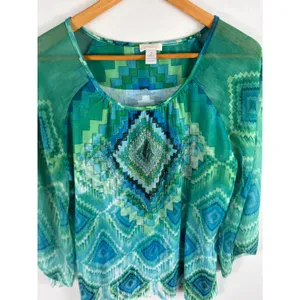 Chicos Green Blue Patterned Blouse Size 2 / Large thumbnail 2