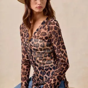 BiBi Leopard Printed Mesh‎ Shirt With Button Up V Neck Size XL thumbnail 2