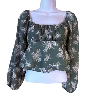 Altar'd State Sage Green Floral Peplum Blouse Tie Back Balloon‎ Sleeve XS Boho thumbnail 1