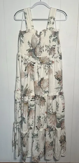 Express NWT Linen Blend Floral Square Neck Smocked Tiered Maxi Dress Large L thumbnail 1