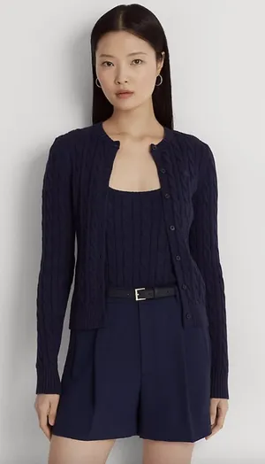 Lauren Ralph Lauren Cable-Knit Cotton Cardigan Sweater in Navy Size X-Small thumbnail 1