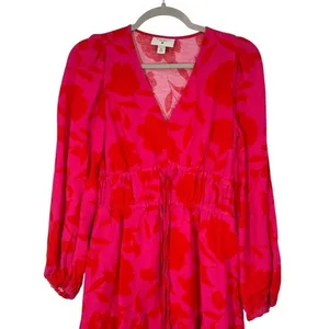 Kate Spade‎ x Target Vibrant Bright Red Pink Linen Blend Long Sleeve Midi Dress thumbnail 2