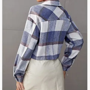 Plaid Print Drop Shoulder Crop Overcoat Size Large Blue thumbnail 2