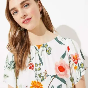 Loft Women's Size‎ Small Floral Button Back Blouse White Flutter Sleeve Flowy thumbnail 3
