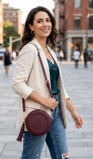 Stylish Round Crossbody Bag in Deep Burgundy Braided Detailing‎ thumbnail 1