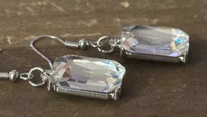 Silver tone rectangular clear faceted stone dangle earrings thumbnail 3