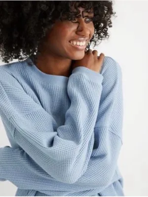 Aerie Blue Waffle Crewneck Oversized Pullover Sweatshirt Size Small thumbnail 3