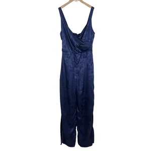 NWT Lulus Sleek Sensation Navy Blue Jacquard Floral Satin Jumpsuit Size Medium thumbnail 2