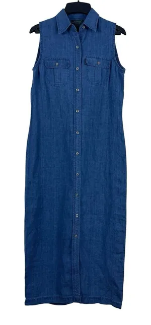 90s Ralph Lauren 100% Linen Shirt Dress Womens PS Blue Sleeveless Button Midi thumbnail 1