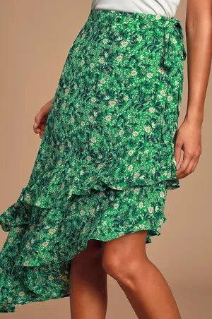 Lulus Green Floral Wrap Skirt Ruffle‎ High-Low Midi DE287B Womens Medium thumbnail 1