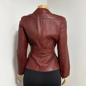 Womens Genuine Leather Belted Blazer Jacket Burgundy Size‎ Small thumbnail 3