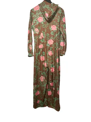 Boutique Scacto Brown w/Pink Roses Fitted LS Zip Dropped Waist Wide Leg Jumpsuit Hood XL thumbnail 4