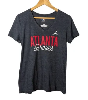 MLB Atlanta Braves T-Shirt Womens Medium Gray V-Neck Graphic Tee Fan Gear‎ thumbnail 1