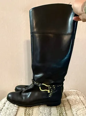 Sperry Top-Sider Black Leather Tall Riding Boots Gold Studded Size 10M thumbnail 1