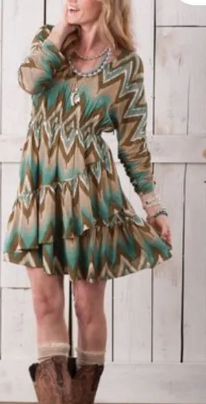 Ariat Chevron Mini Dress in Teal and Tan thumbnail 1