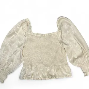 On‎ Blue Womens Ivory Smocked Square Neck long sleeve peplum Poet blouse Medium thumbnail 5