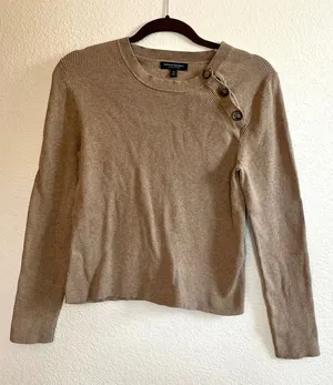 Banana Republic Taupe Ribbed Long-Sleeve cotton Top with Shoulder Buttons thumbnail 1