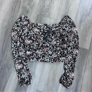 Lulus Womens Black Floral Crop Top Blouse Smocked Long Sleeve L NWT thumbnail 5